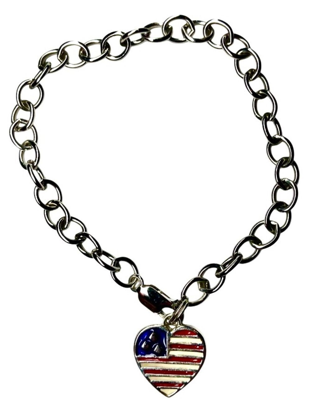 Silver Tone Bracelet with Red/White/Blue American Flag Designed Heart Charm